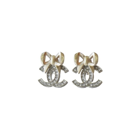Chanel Ribbon Bow with CC Crystal Strass Stud Earrings Silver Gold - Picture 1 of 1